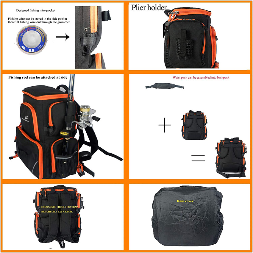 with Waist Pack Large Waterproof Tackle Bag with Protective Rain Cover Without Tackle Box Fishing Rod Bag