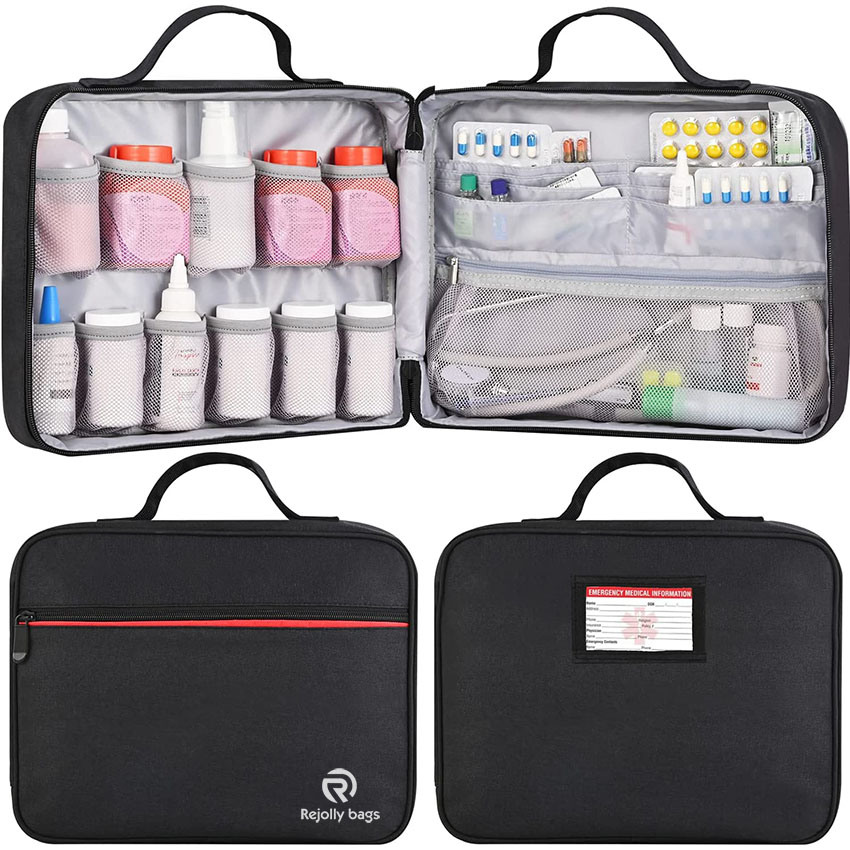 Large Pill Bottle Organizer, Travel Medicine Storage Case with Handle & Fixed Pockets for Vitamines, Medication Medical Bag