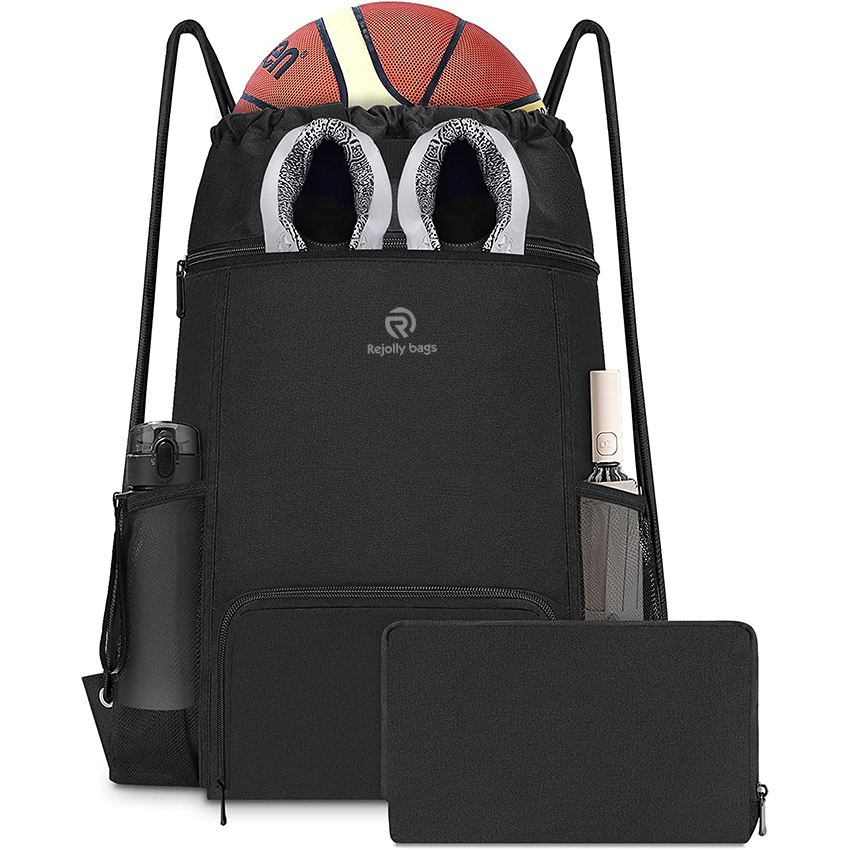Drawstring Backpack with Mesh Pocket Sport Gym String Bag Sackpack Water Resistant Nylon Ball Bag RJ196131