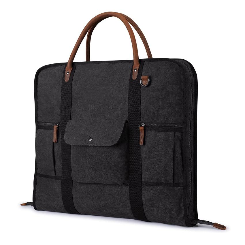 Multi-Purposes Garment Bag for Business Travel Canvas Leather Men Suit Cover
