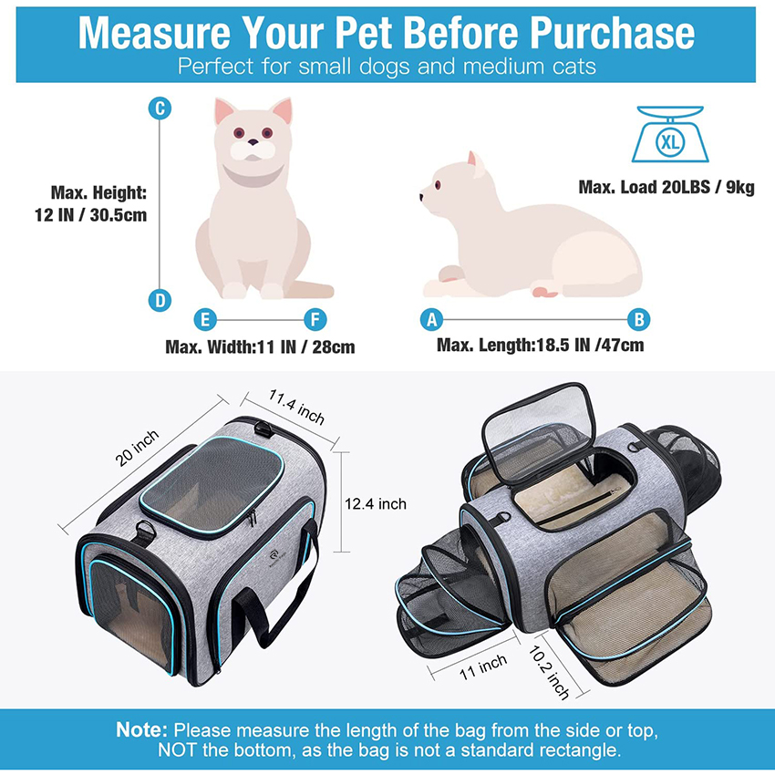 4 Sides Expandable Cat Carrier Bag with Removable Fleece Pad, Large Soft Sided Pet Travel Carrier, Dog Carrier for Cats, Puppy and Small Dogs Pet Bag RJ20698