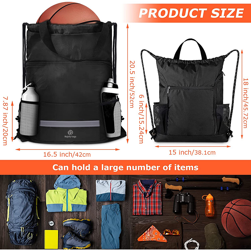 Waterproof Black Draw String Back Sack with Zip Pocket PE Gym Cinch Tote Basketball Soccer String Bags Sackpack Bulk Ball Bag RJ196124