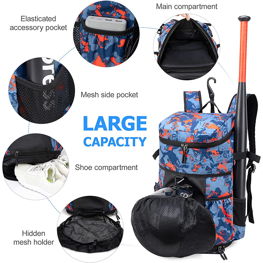 Baseball Backpack for Youth&Adults Sports Exercise Training with Shoe Compartment and Helmet Mesh Holder Fence Hook Ball Bag RJ196139