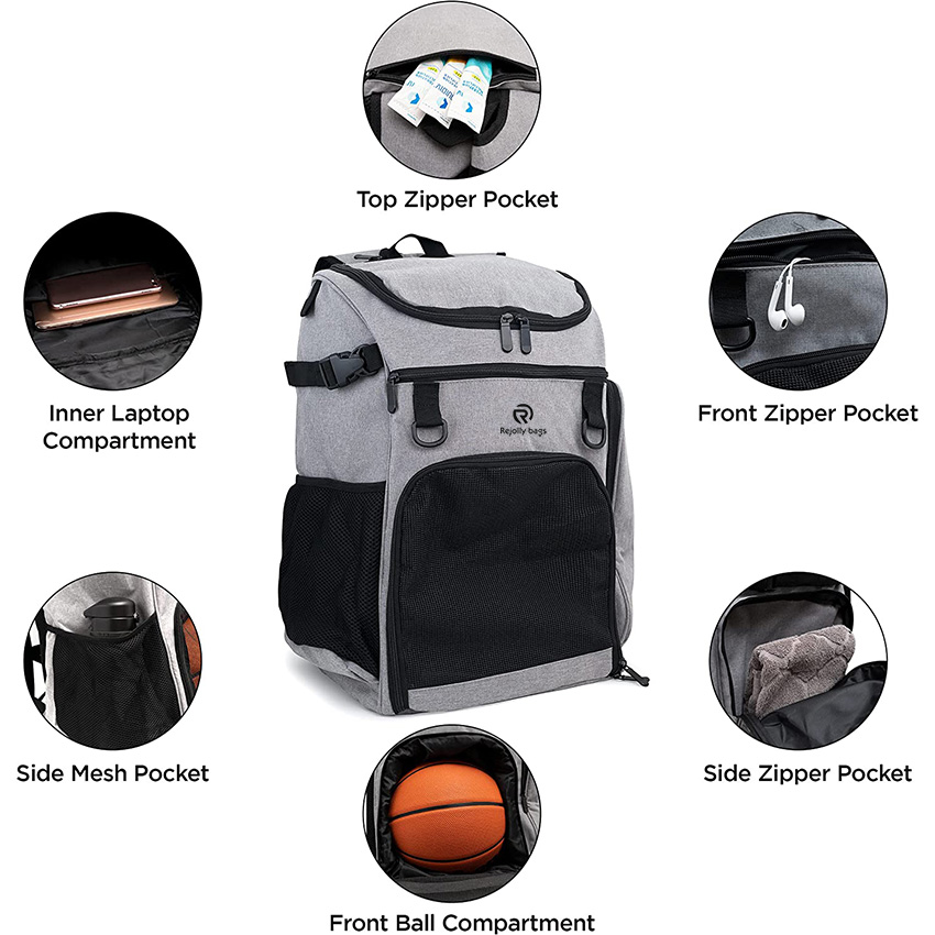 Large Gray Adult Sports Gym Backpack for Men and Women with Ball Compartment for Basketball, Volleyball, Soccer Ball Bag RJ19688