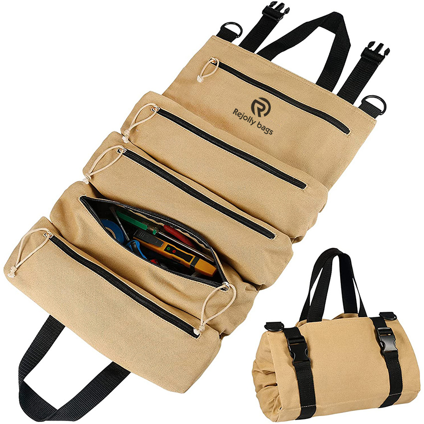 Water Resistant Tool Roll Bag with 2 Wrap Straps, Heavy Duty Roll up Tool Bag with 5 Pockets, Canvas Roll up Tool Bag