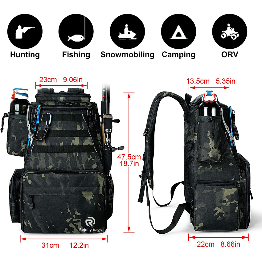 Fishing Tackle Backpack 2 Fishing Rod Holders with 4 Tackle Boxes, Large Storage, Backpack for Trout Fishing Outdoor Sports Camping Hiking Fishing Rod Bags