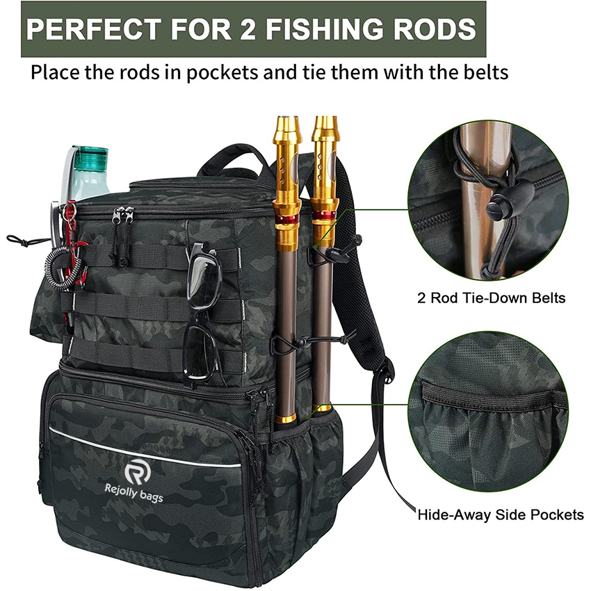 Large Fishing Bag with Rod Holders for 4 Trays Saltwater Resistant Tackle Bag with Waterproof Bottom for Storage Gear Fishing Rod Bags