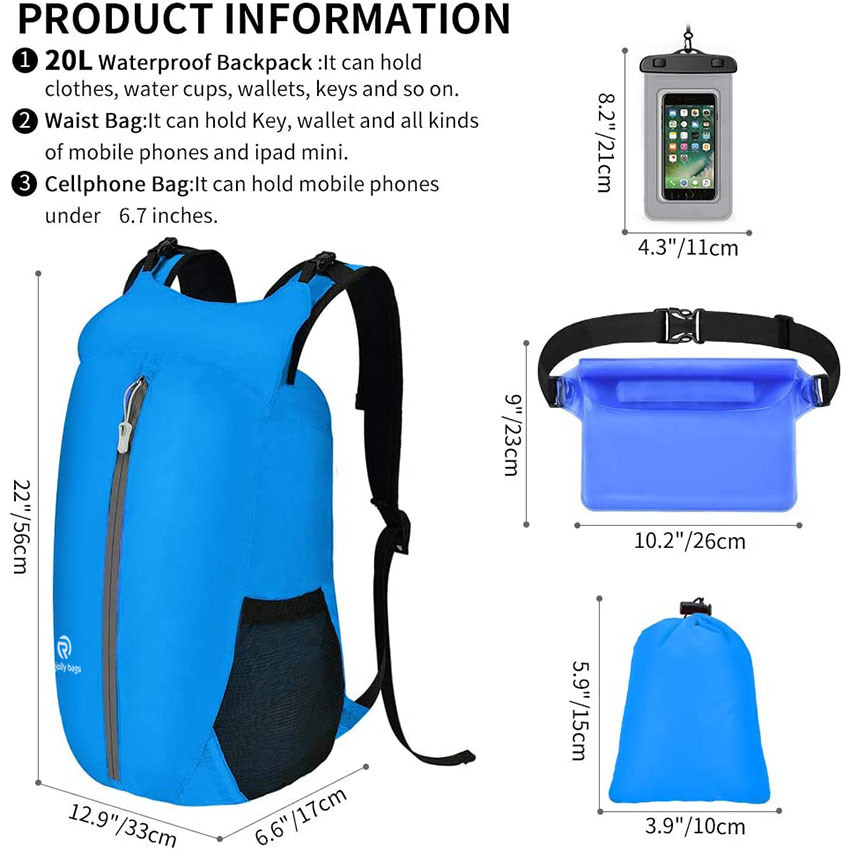 20L Lightweight Kayak Drybag - Packable Storage Backpacking Set for Hiking Fishing Sports Beach Travel Camping Blue Bag