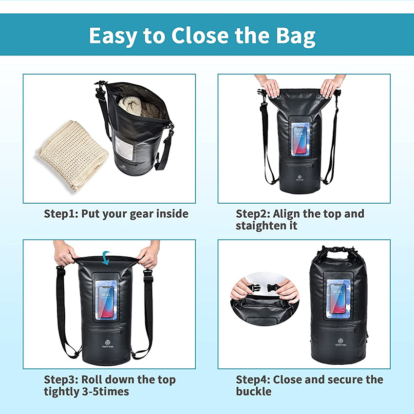 20L Dry Sack Waterproof Bag with Bottle Holder and Cell Phone Window Lightweight Dry Storage Bag