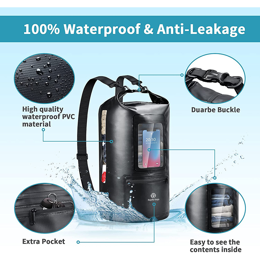 20L Dry Sack Waterproof Bag with Bottle Holder and Cell Phone Window Lightweight Dry Storage Bag