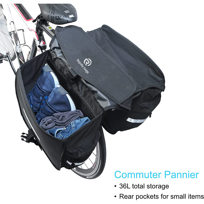 Double Pannier Bike Bags 36L Big Capacity for Rear Bicycle Rack Carrying Handle Safety Reflective Strips Bicycle Bag