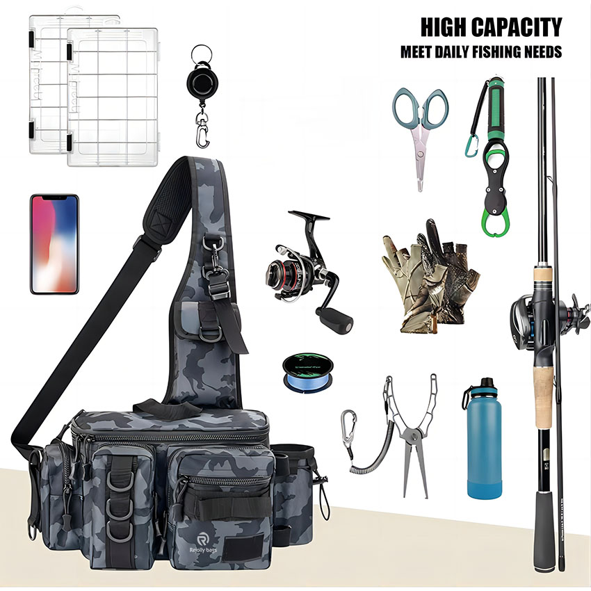 Portable Fishing Tackle Sling Pack with Rod Holder Fly Fishing Bag RJ21781