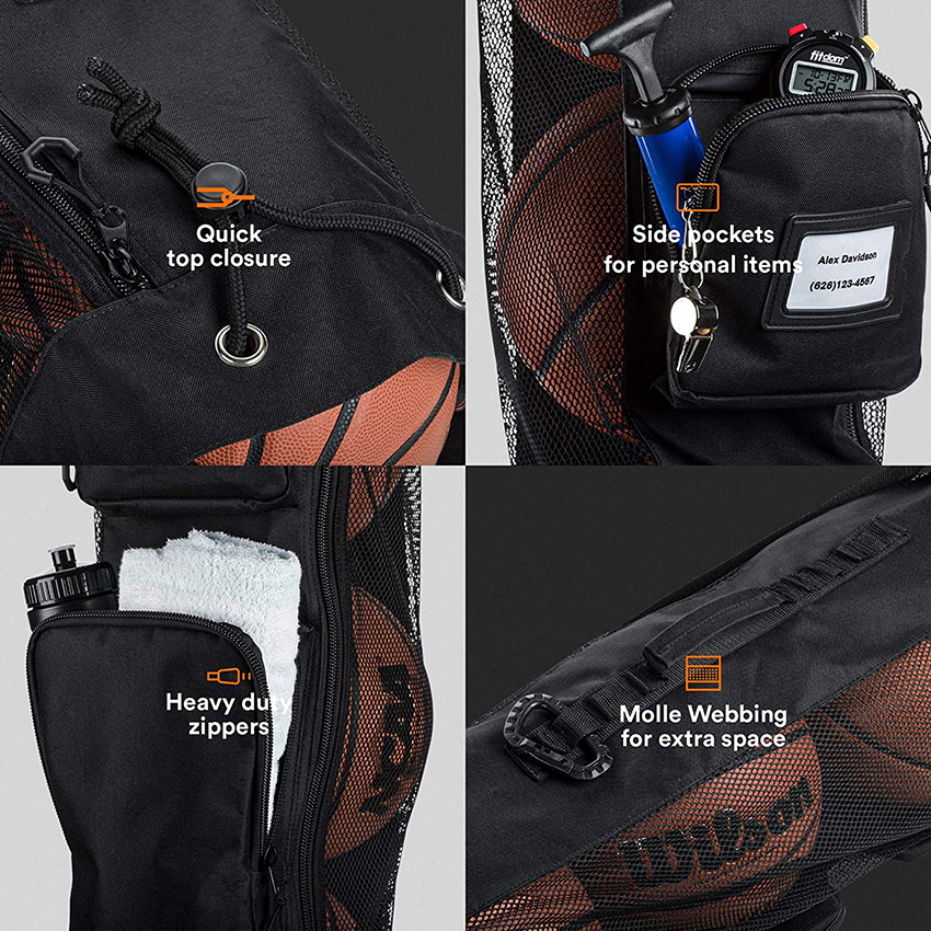 Heavy Duty Basketball Mesh Equipment Ball Bag Shoulder Strap Design for Coach with 2 Front Pockets for Coaching & Sport Accessories Ball Bag RJ196105