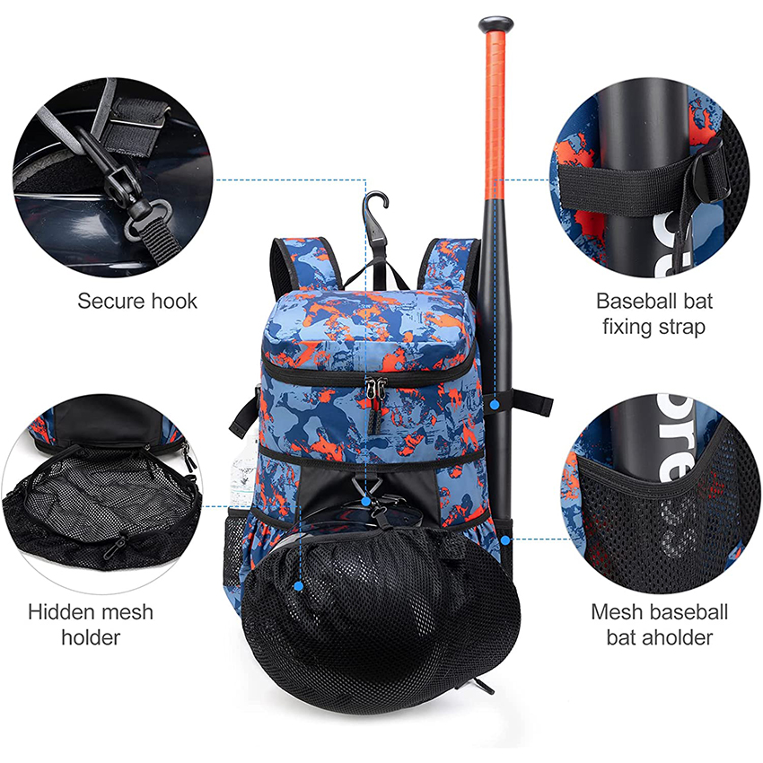 Baseball Backpack for Youth&Adults Sports Exercise Training with Shoe Compartment and Helmet Mesh Holder Fence Hook Ball Bag RJ196139