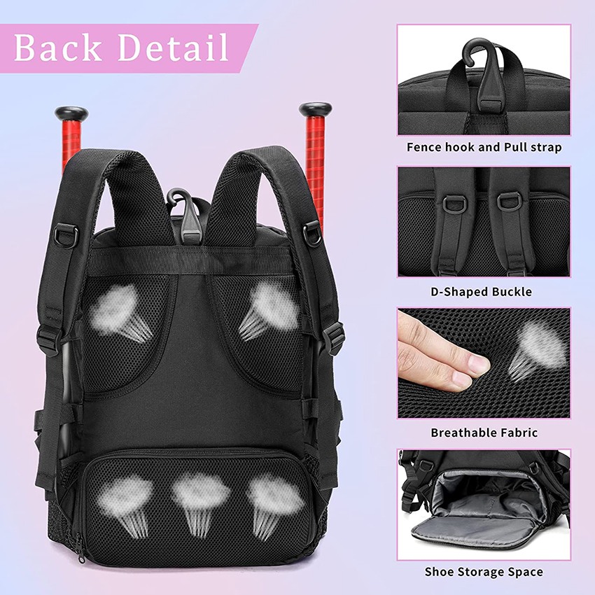 Youth Softball Bat Backpack with Shoes Compartment, Lightweight Baseball Equipment bag with Fence Hook Hold 2 Bats Baseball Bags RJ19675