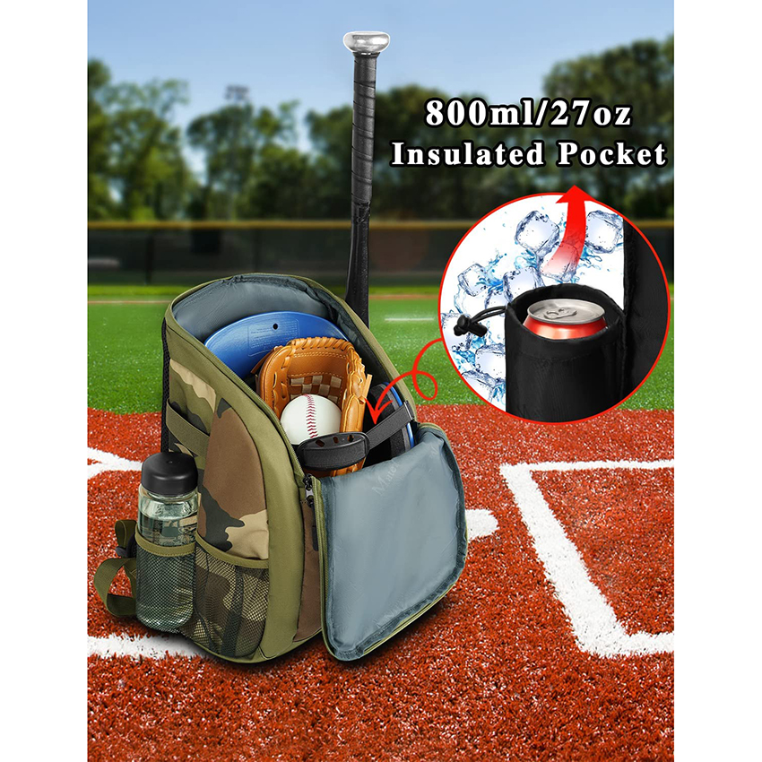 Lightweight Kids Baseball Bag with Insaluted Pocket, Camo Softball Bag with Fence Hook, Baseball Gift for Boys, Baseball Bat Bag for 2 Bats Baseball Bags RJ19677