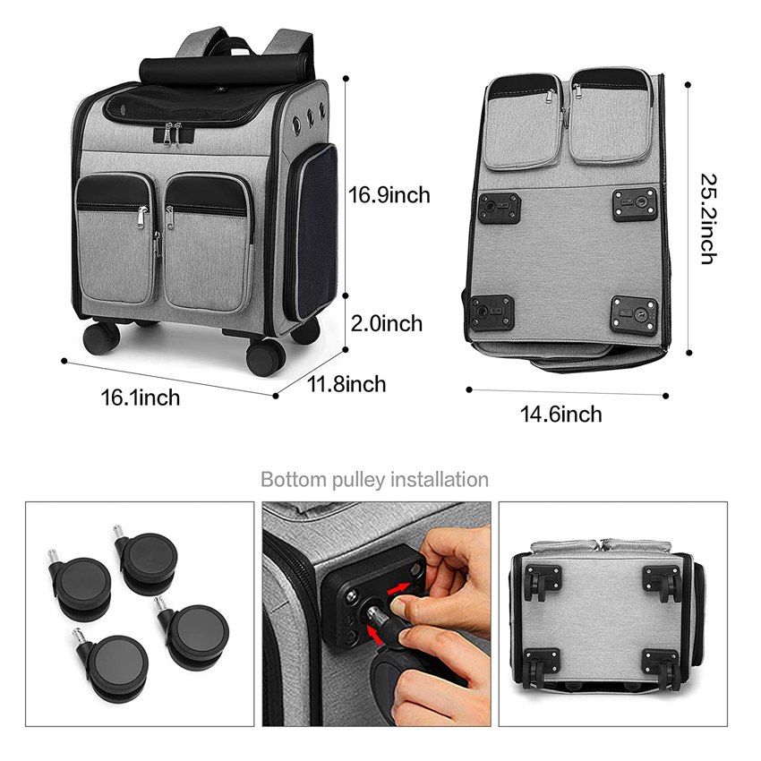 Storage Pockets Pet Travel Carrier Removable Rolling Pet Backpack for Dogs Cats