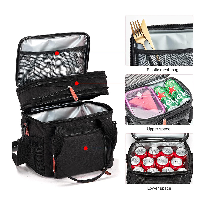 Double Compartment Lunch Bag Insulated Ice Cooler Tote Bags Reusable Water-Resistant Food Bag