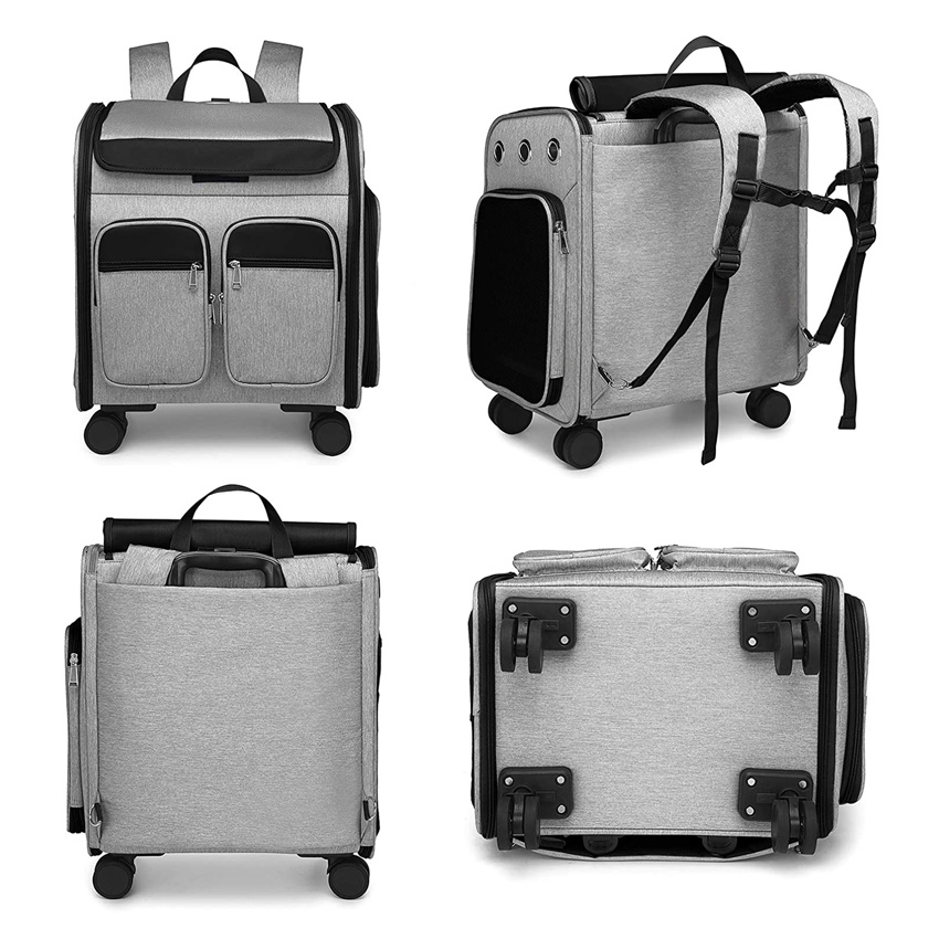 Storage Pockets Pet Travel Carrier Removable Rolling Pet Backpack for Dogs Cats