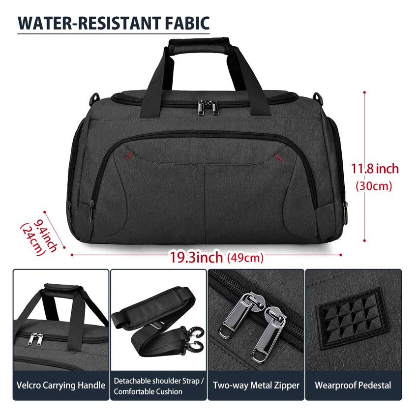 Versatile Usage Large Black Sports Bags Travel Duffel Bag with Shoes Compartment Weekend Bag