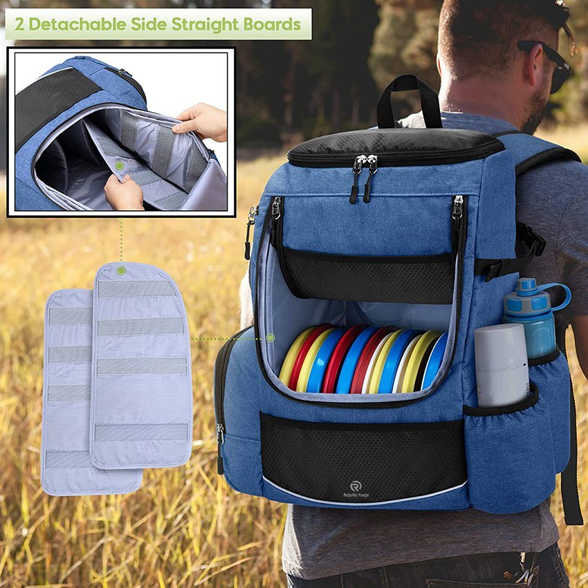 Two Sidewall Supports 24-26 Discs Capacity Cushioned Lumbar for Extra Comfort Multi Pockets and Waterproof PU Material Bottom Disc Golf Backpack