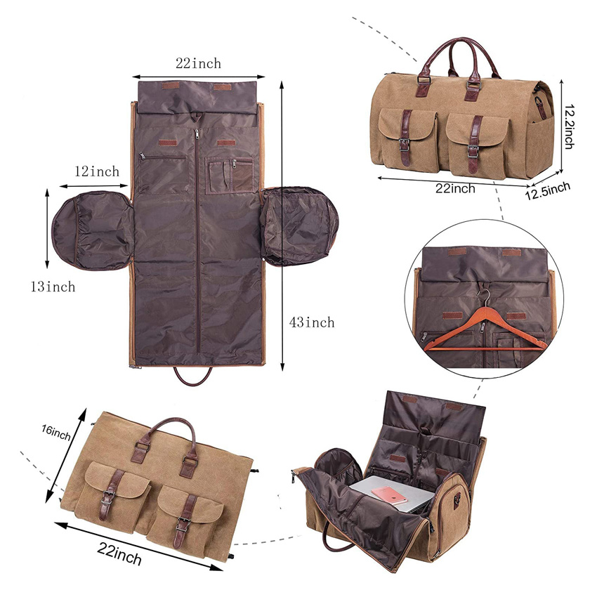 Brown Carry on Garment Bag Mens Suit Bag for Travel Business Large Canvas Duffel Bag