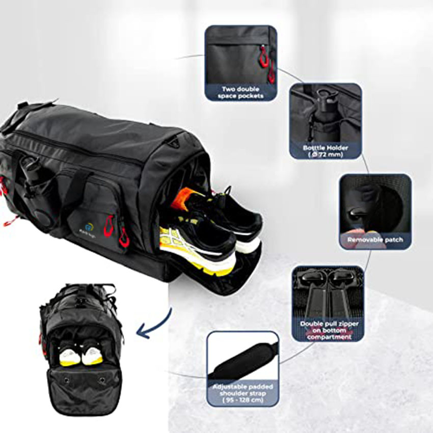 Large Black Duffle with 7 Pockets and Separate Bottom Section for Outdoor Travel Bag