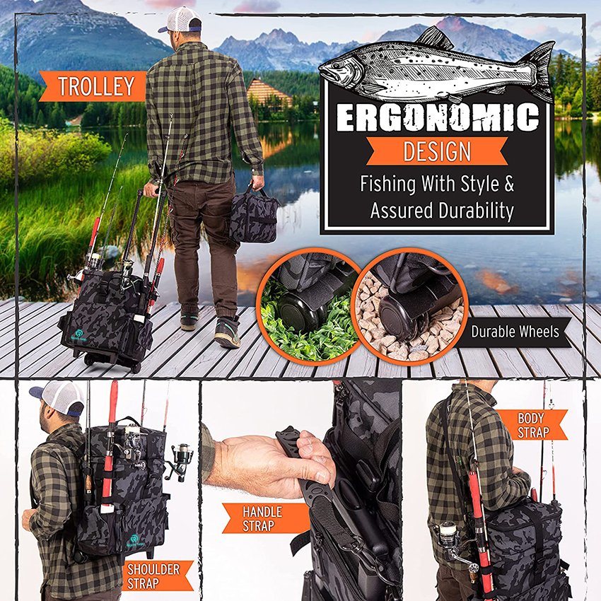 Large Fishing Tackle Bag and Fishing Gear with 4 Fishing Rod Holders, Detachable Handles and Strap Fishing Rod Bags