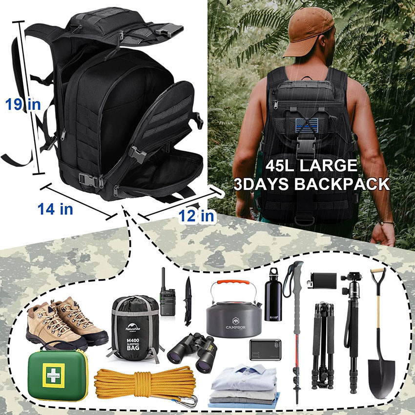 Military Style Tactical Military Style Backpack Molle, 35L Hiking Backpack Laptop Rucksack Survival Bag Come with 2 Velcro Flag & 2 Carabiners Bag