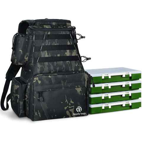 Fishing Tackle Backpack 2 Fishing Rod Holders with 4 Tackle Boxes, Large Storage, Backpack for Trout Fishing Outdoor Sports Camping Hiking Fishing Rod Bags