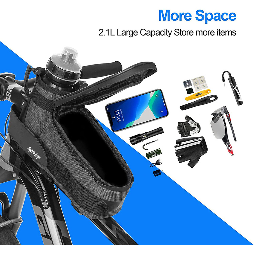 Bike Phone Front Frame Bag with Water Bottle Holder Removable Insulated Handlebar Bottle Cup Bag with Tighter Buckle Bicycle