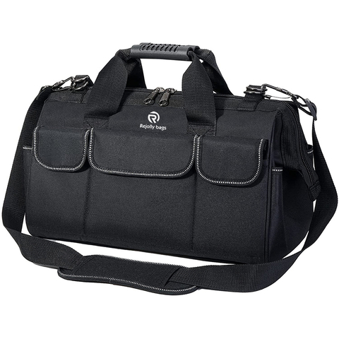 600d Oxford Tool Bag with Waterproof Soft Bottom, Multi-Pockets Wide Mouth Tool Tote with Safety Reflective Straps, Adjustable Shoulder Strap Tool Bag