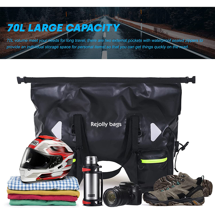 Dry Motorcycle Tail Bag 70L with Rope Straps and Inner Pocket Waterproof PVC 500d for Travel