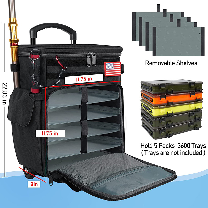 Rolling Tackle Box with Cooler, Large Fishing Bag with Wheels for 5 Trays Waterproof Bottom for Storage Gear Fishing Tackle Bag