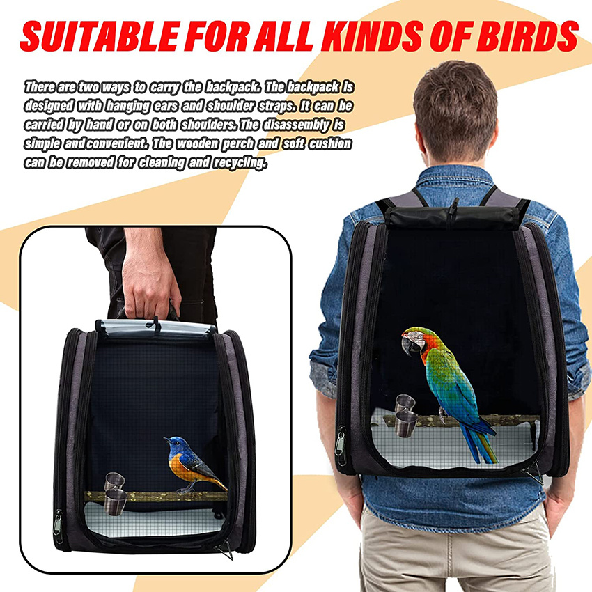 Bird Carrier Backpack Bag Travel Parrot Bag Cage with Portable Stand and Feeding Cans Waterproof Pads Breathable