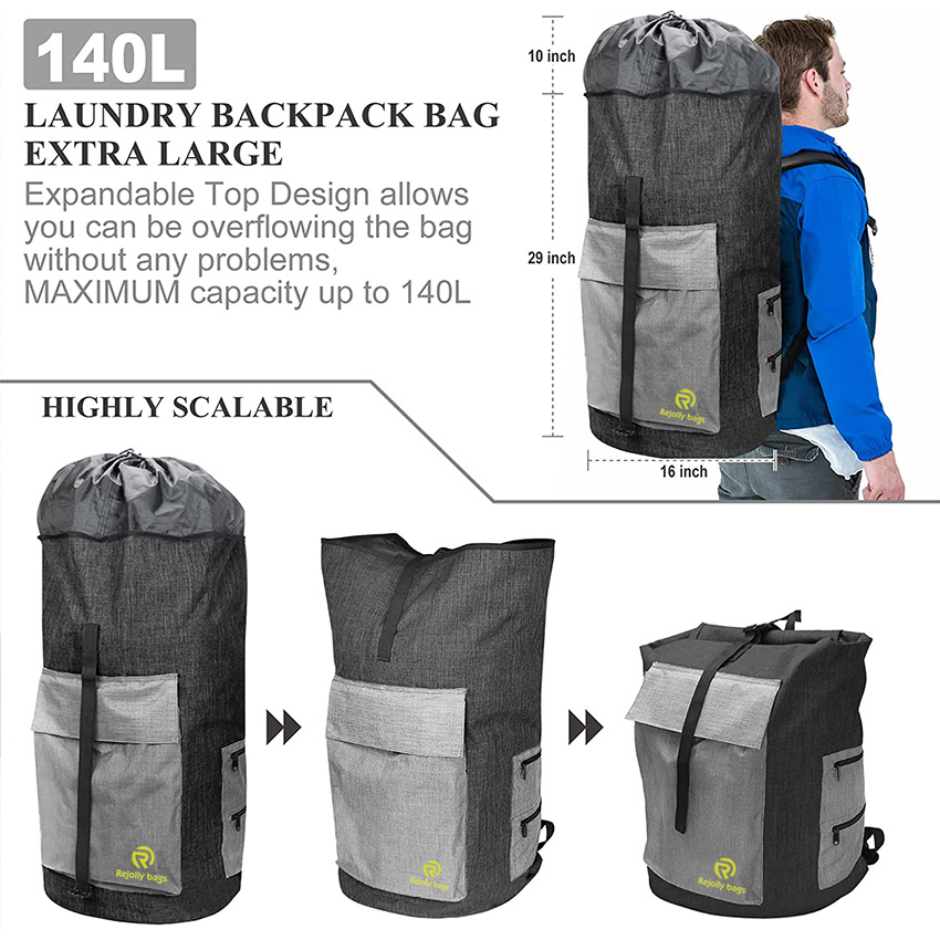 Extra Large Backpack with Drawstring Closure, Heavy Duty Backpack with 2 Pockets with Zipper for Travel, Laundromat, Apartment Laundry Bag