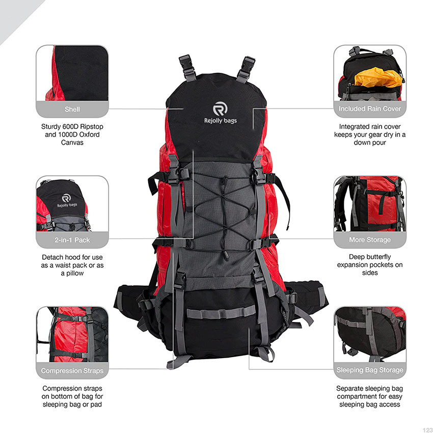 Large Capacity Backpack with Compression Straps for Backpacking, Camping Bag