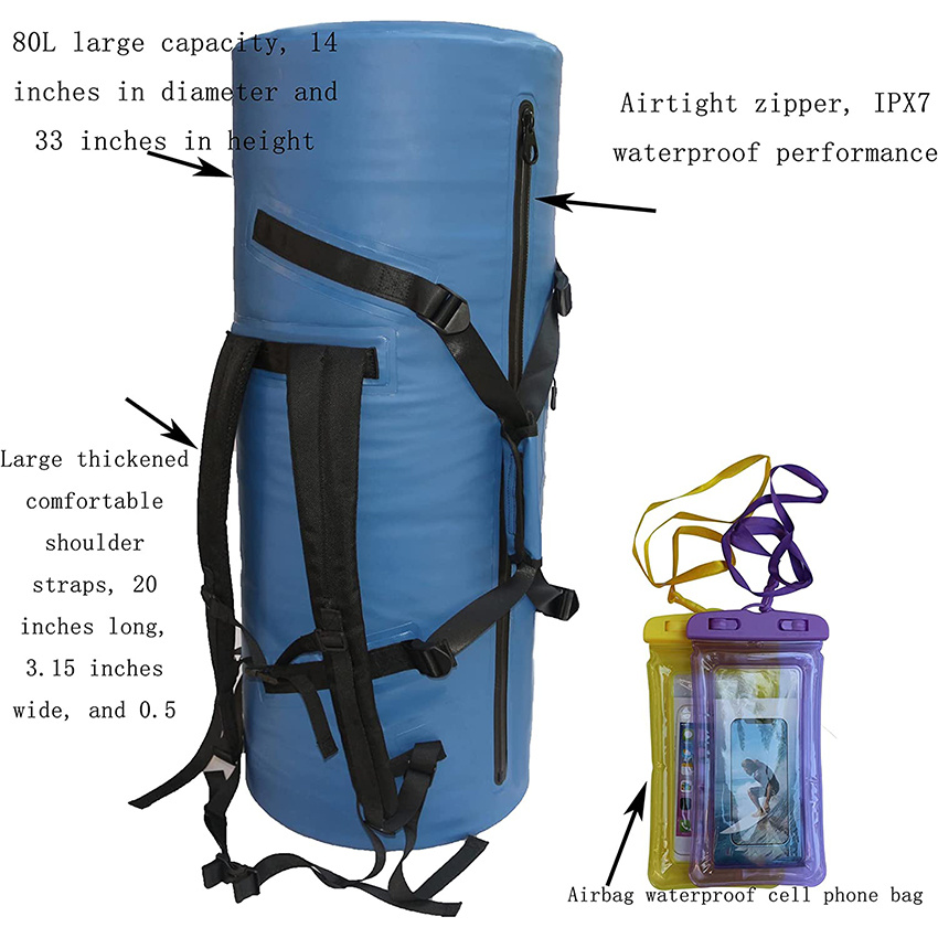 80L Large Capacity Waterproof Backpack with Airtight Zipper Closure Bag