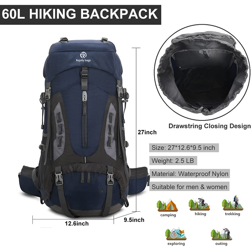 60L Hiking Backpack Men Women Camping Daypack Waterproof Mountaineering Climbing Bag with Rain Cover