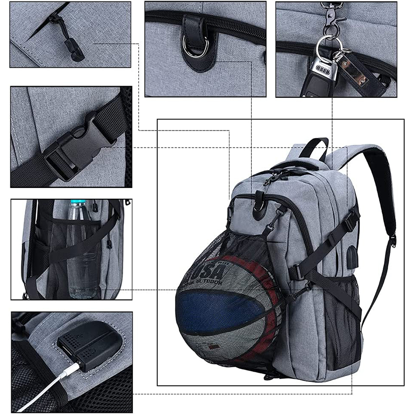 Basketball Backpack with USB Charging Port, Durable Men's Laptop Backpack for Outdoor with Ball Compartment Ball Bag RJ196101