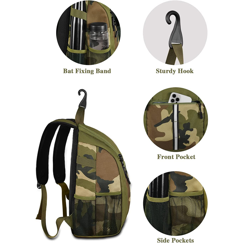 Lightweight Kids Baseball Bag with Insaluted Pocket, Camo Softball Bag with Fence Hook, Baseball Gift for Boys, Baseball Bat Bag for 2 Bats Baseball Bags RJ19677