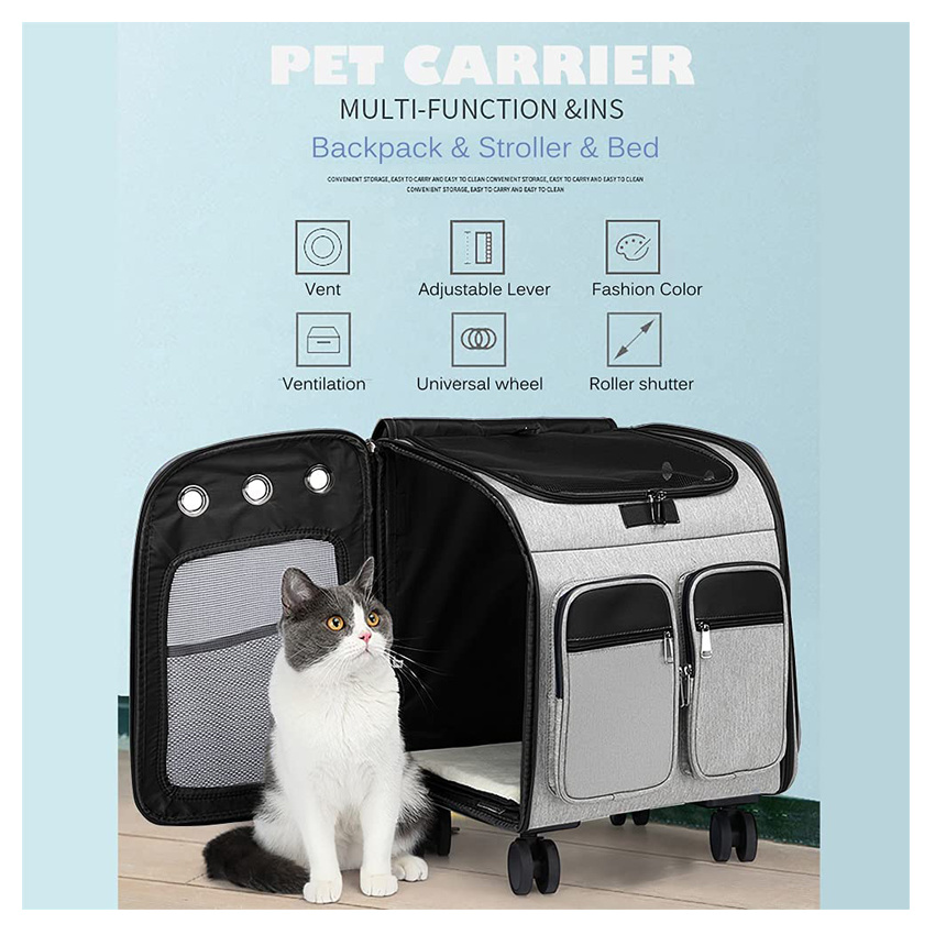 Storage Pockets Pet Travel Carrier Removable Rolling Pet Backpack for Dogs Cats