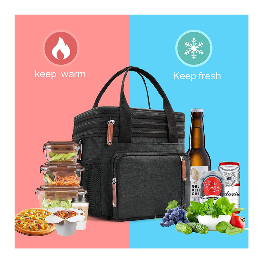 Double Compartment Lunch Bag Insulated Ice Cooler Tote Bags Reusable Water-Resistant Food Bag