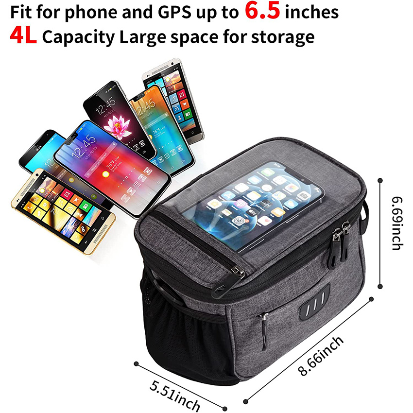 Bike Handlebar Bag Large Bicycle Front Storage 6.5 Inch Transparent Pouch with Shoulder Strap