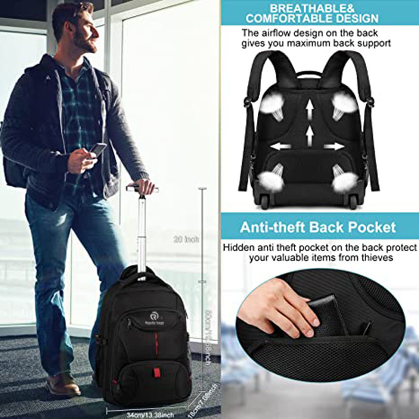 Large Carry on Backpack with Wheels with 3 Main Pockets and 9 Inner Small Pockets for Business Rolling Bag