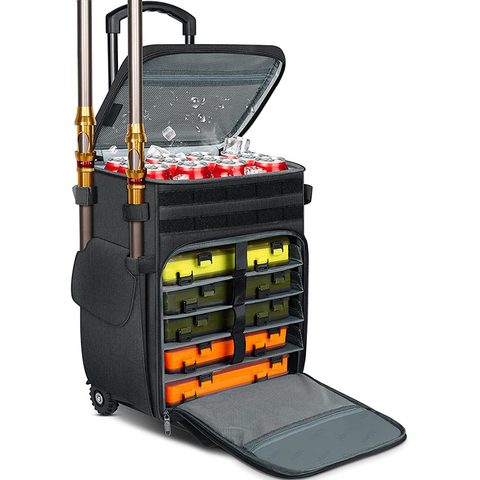 Rolling Tackle Box with Cooler, Large Fishing Bag with Wheels for 5 Trays Waterproof Bottom for Storage Gear Fishing Tackle Bag