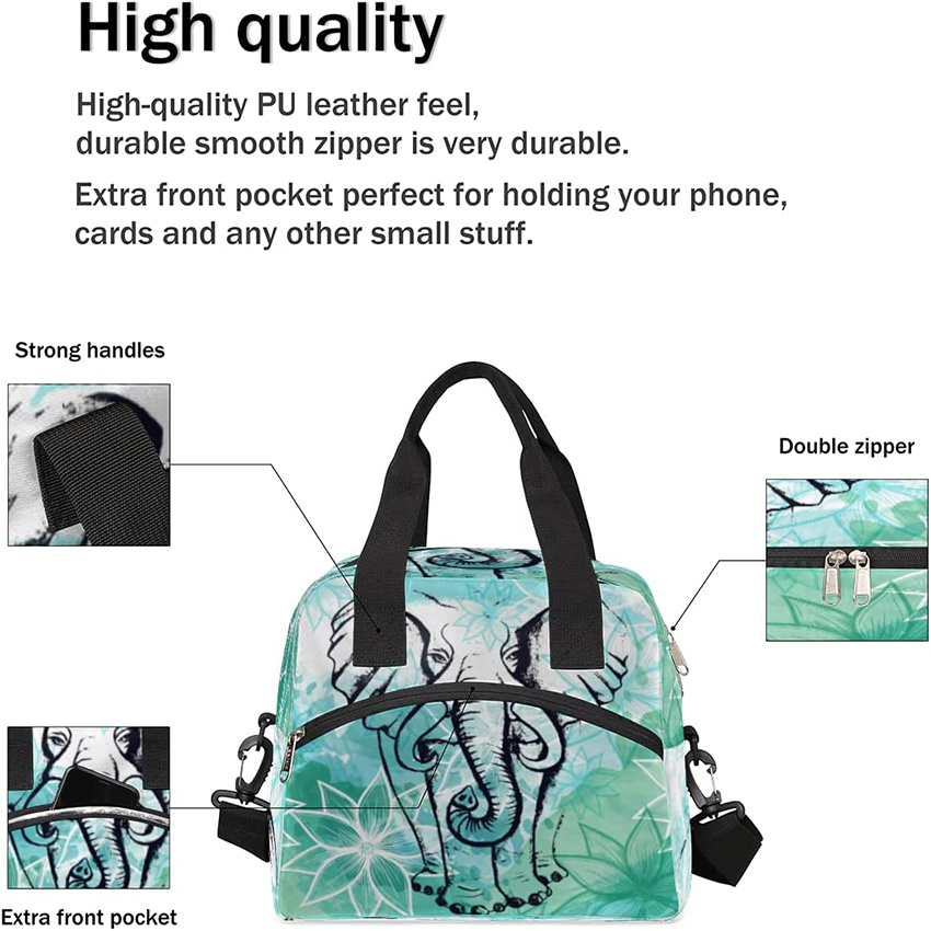 Elephant Flower Ethnic Insulated Lunch Bag for Women/Men Kids with Adjustable Removable Shoulder Strap Cooler Bag Reusable Tote Lunch Box for School Work Picnic