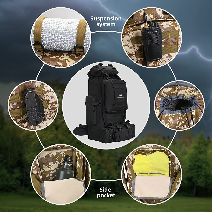 Camping Backpack with Waterproof Rain Cover for Outdoor Sport Travel Daypack with Adjustable Chest and Hip Strap for Climbing Camping Touring Backpack