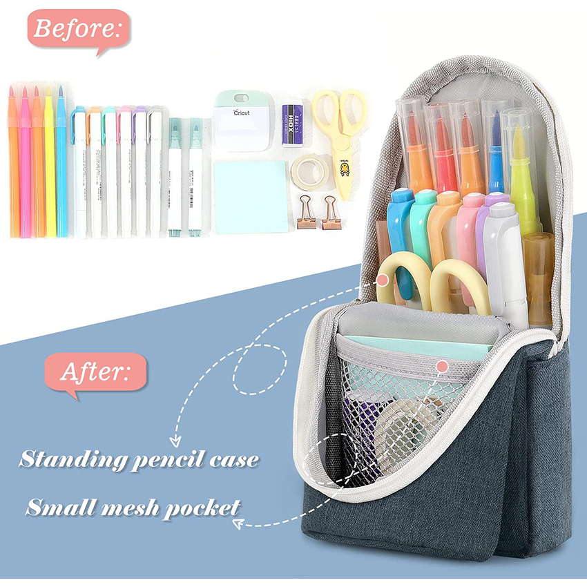 Spacious Pen Holder Polyester Stand Up Pencil Pouch Stationery Organizer with Zipper for School Office College Teen Student Pen Bag RJ21644
