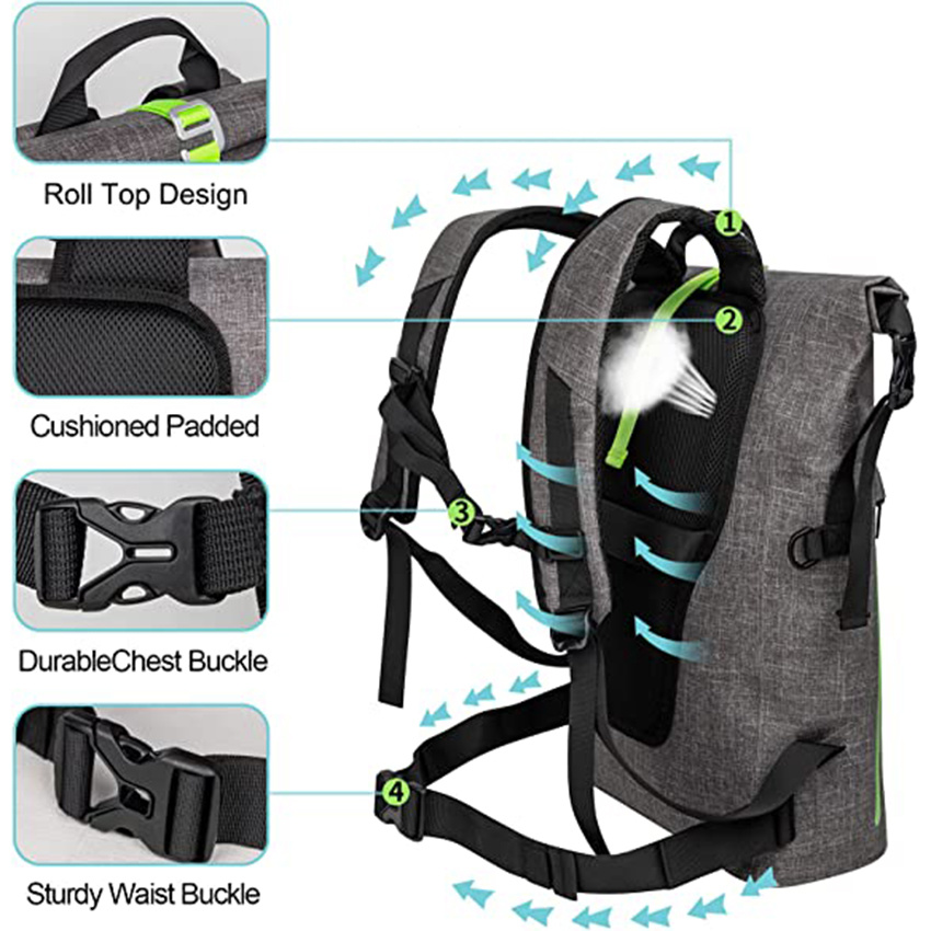 Waterproof Backpack 35L Roll Top Backpack with Airtight Zipper Pocket and Cushioned Padded Back Panel Dry Bag